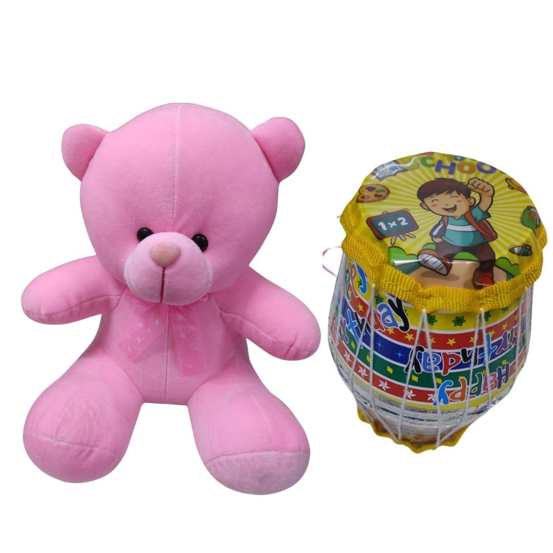 Vidhyapati Enterprises Super Soft Stuffed Small Teddy Bear Pink & Cute Plastic Small Dholak Toy Combo For Kids/Boys/Girls, Safe 