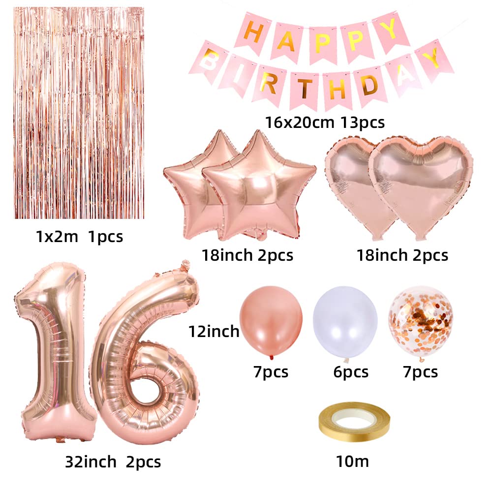 Rose Gold 16Th Birthday Party Decoration Kit - Happy Birthday Banner,Fringed Curtain,Latex Balloon And Confetti Balloons For Gir