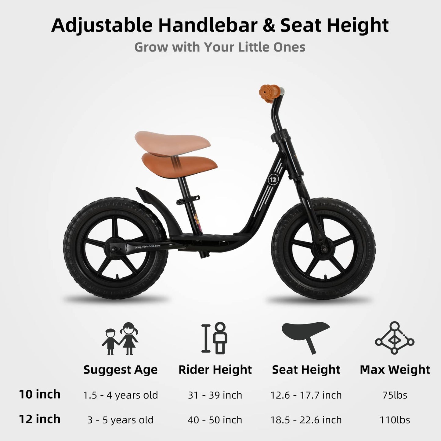 JOYSTAR 12 Inch Kids Balance Bike, Black, EVA Material, Model 2438930011, No Pedal Glider for 3-5 Year Olds, Perfect Birthday Gift
