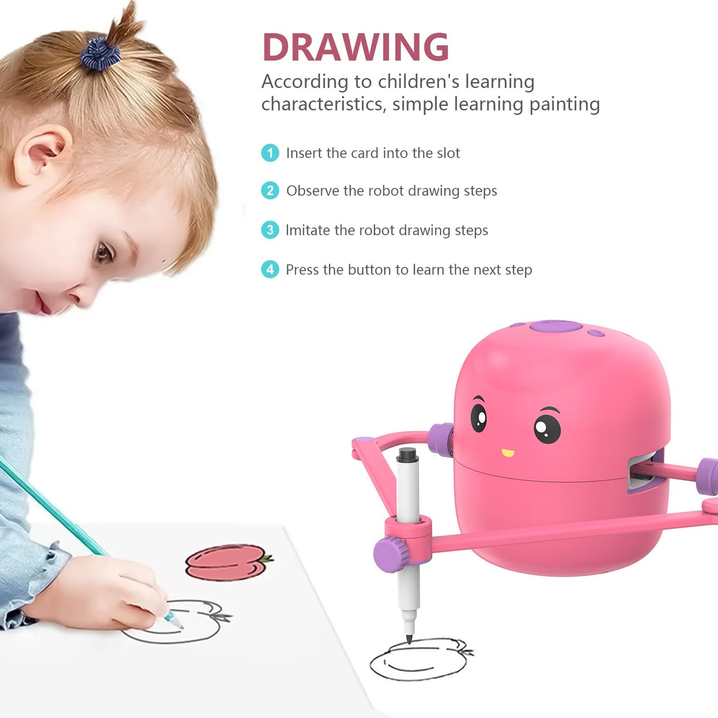 CYJBE Interactive Educational Drawing Robot - Montessori Toy with 100 Word Cards, Voice Interaction, Pink, Ages 5+, Model LJIA0002