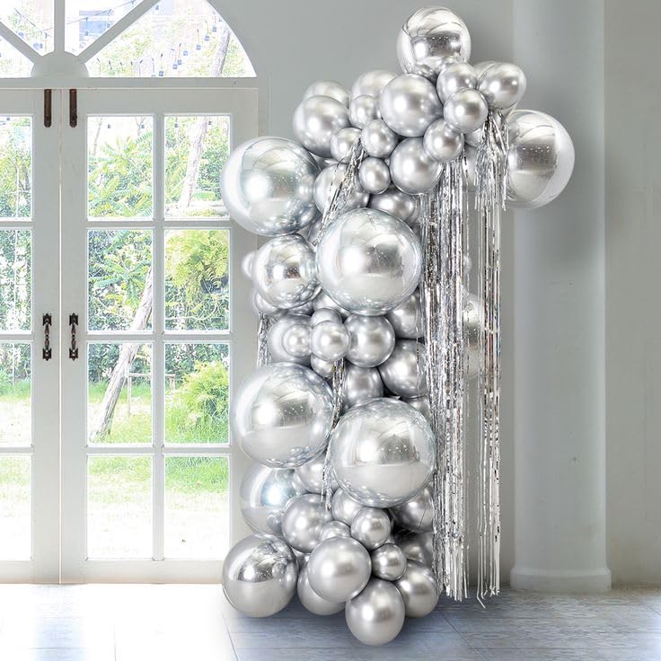 Bezente 36 Inch Metallic Silver Giant Balloons - 8 Pack Jumbo Latex for Weddings, Baby Showers, and Birthday Parties