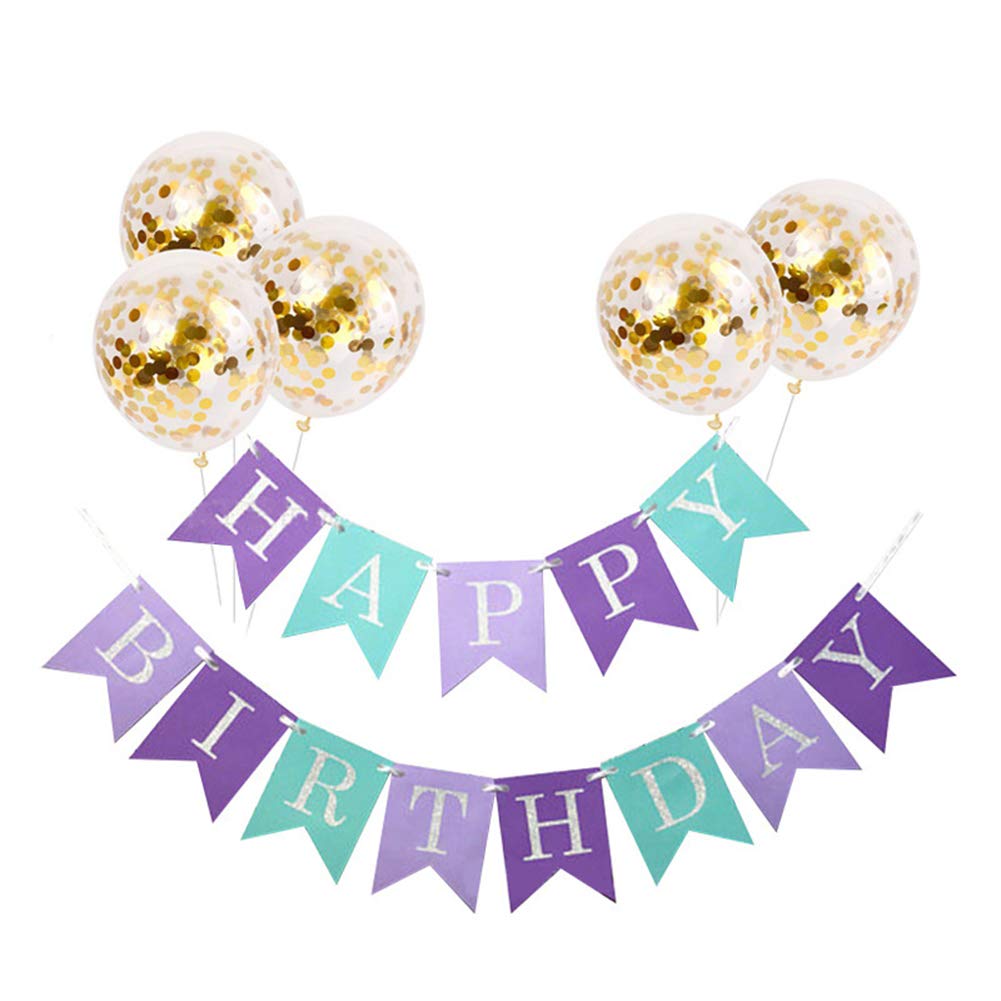 Tellpet Mermaid Purple Happy Birthday Banner With 5 Pcs Gold Confetti Balloons