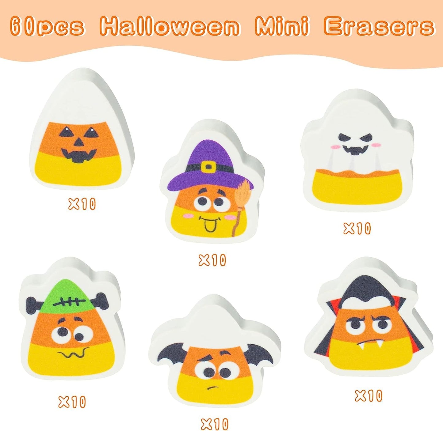 Haooryx 60PCS Halloween Candy Corn Shaped Mini Eraser for Kids Bulk, Novelty Corn Pencil Erasers 3D Desk Puzzle Erasers Pet for