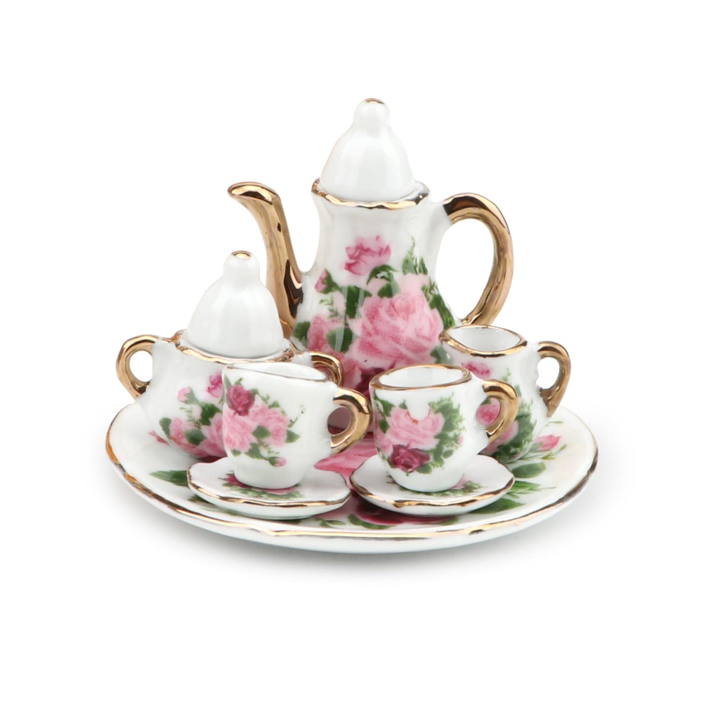 Dollhouse 1:6 Porcelain Tea Cup Sets 8 Pcs Set Miniature Ceramics Dollhouse Accessories Flower Pattern Teapot Platter Dish Sets