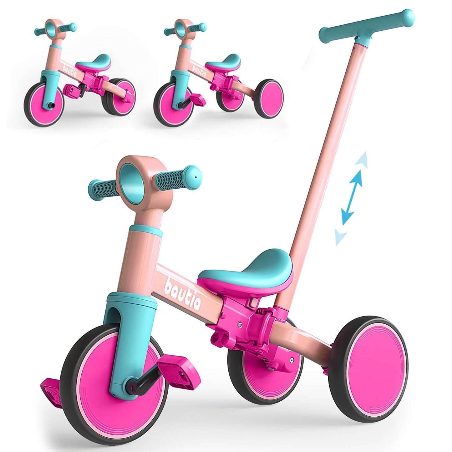 Bautia Kids Tricycle with Push Handle for Toddlers 1-4 Years Old Boys Girls Gift, 5 in 1 Baby Balance Bike for Toddlers 1-3 with