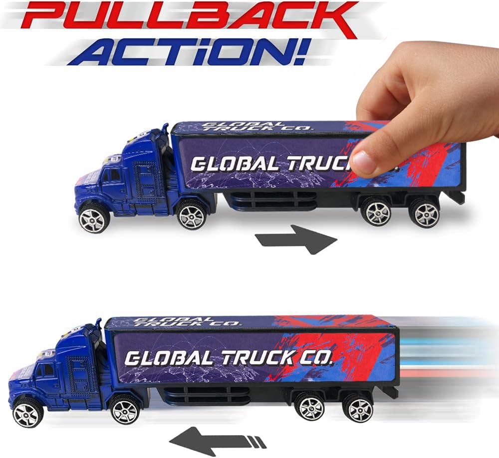 ArtCreativity Semi Truck Toys for Boys, Set of 2, Pull Back Truck Toys for Kids in Red & Blue, Trailer Trucks for Hours of Prete