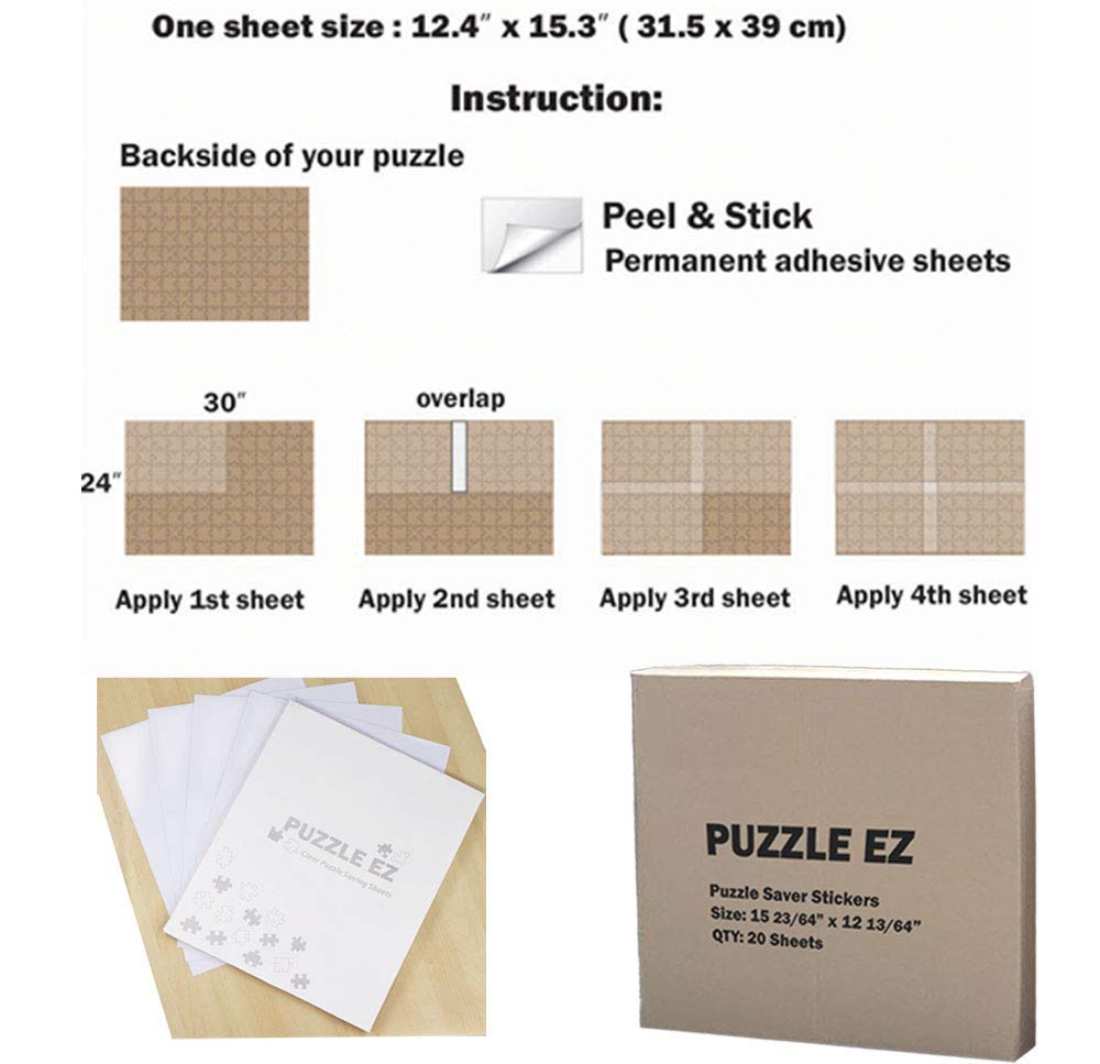 Preserve 5 X 1000 Piece Puzzle Clear Glue Sheets Adhesive Saver Peel and Stick Extra Large Thick No Mess with Hanging Tabs for P