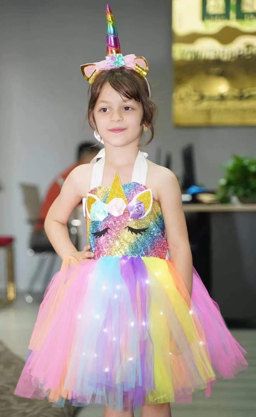 Gigoitly Unicorn Dress For Girls Sequin Unicorn Costume With Led Lights For Halloween Birthday Party Decorations (Rainbow Unicorn, 7-8 Years)