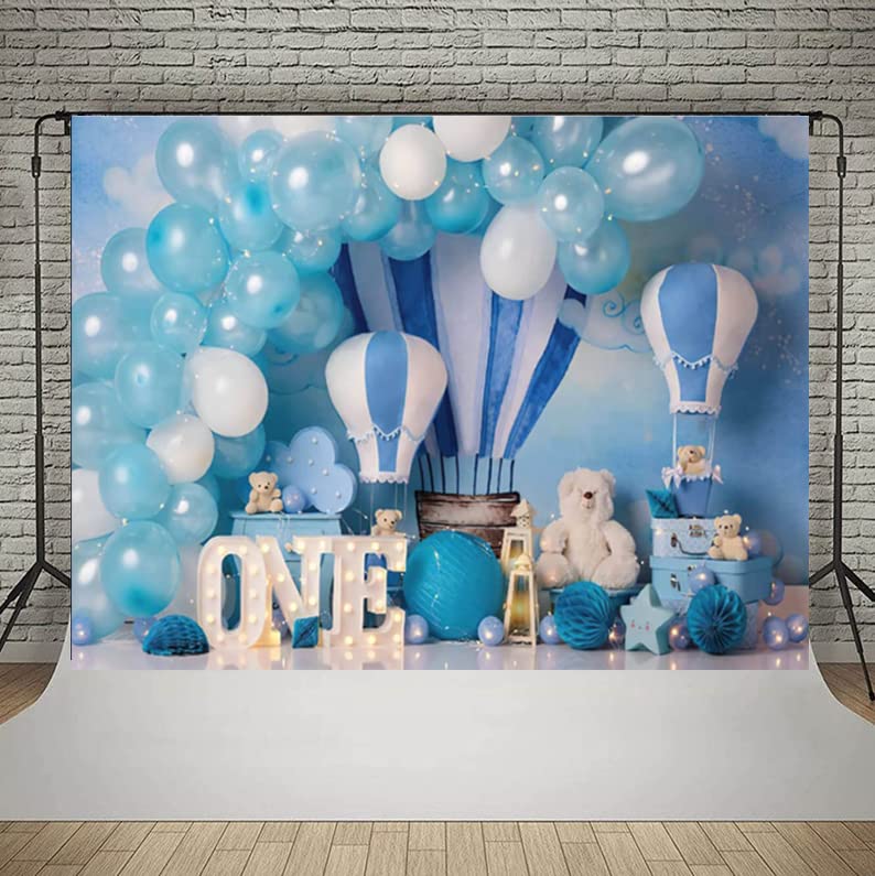 Boy One Birthday Party Backdrop Blue White Hot Air Balloon Little Bear Photography Background 1St Birthday Photo Booth Kids Boys