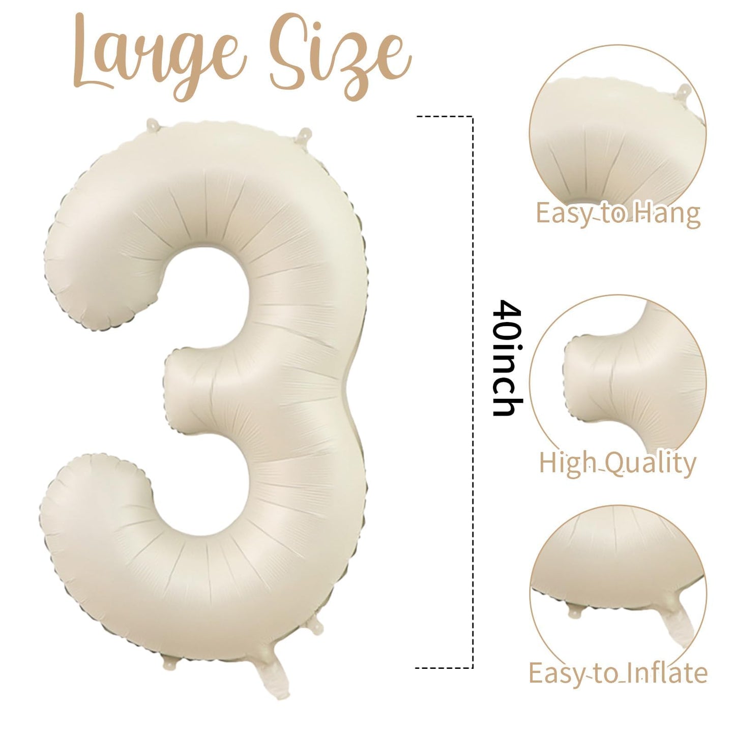 40 Inch Cream White 3 Balloon Numbers, Large Number 3 Balloon Foil Helium Number Balloons, Big 3 Mylar Birthday Balloons for Boy