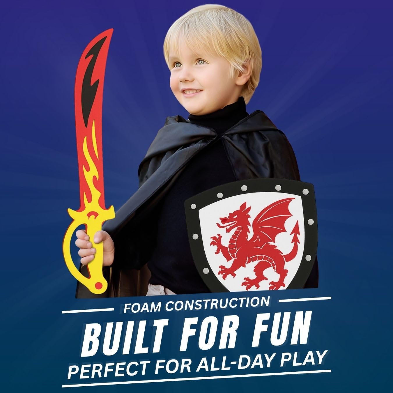 Liberty Imports 4 PCS Dual Foam decorative replica blade and Shield Combo Playset - Medieval Combat Warrior   Joust Dragon Knights Lightweight Set Costume Role Play Accessories for Kids  Boys  Girls