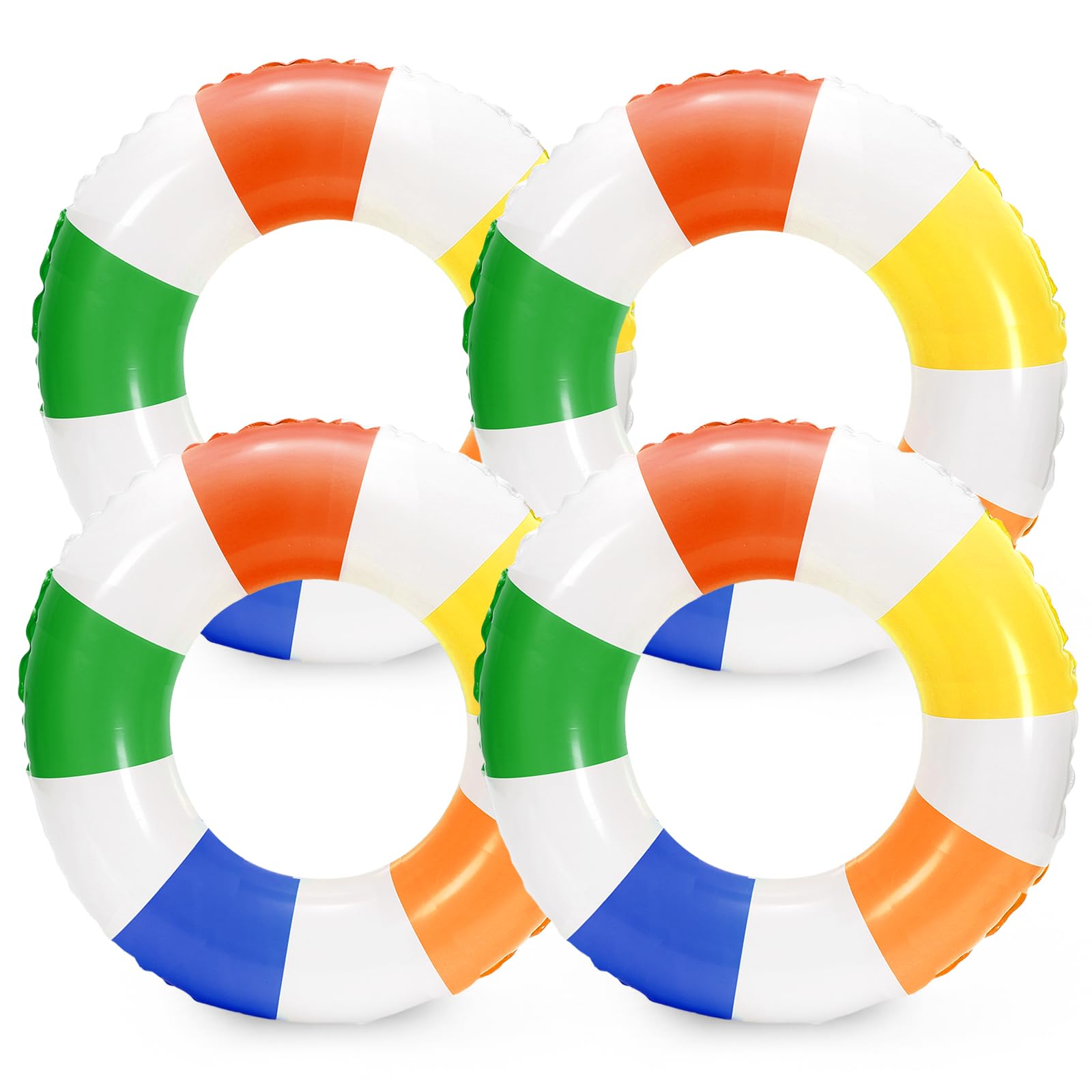 Whaline 4Pcs Rainbow Color Inflatable Swimming Float Toy Striped Swim Ring Fun Print Pool Lounger Tube for Teen Boy Girl Summer Swimming Beach Party  22.8 Inch