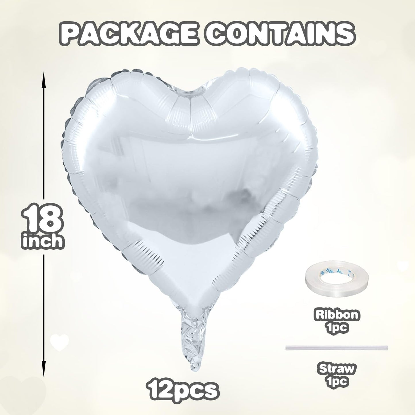 12 Pcs Heart Balloons, 18 inch Silver Heart Shaped Balloons, Big Heart Mylar Helium Balloons, Heart Love Foil Balloons for Weddi