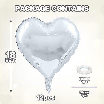 12 Pcs Heart Balloons, 18 inch Silver Heart Shaped Balloons, Big Heart Mylar Helium Balloons, Heart Love Foil Balloons for Weddi