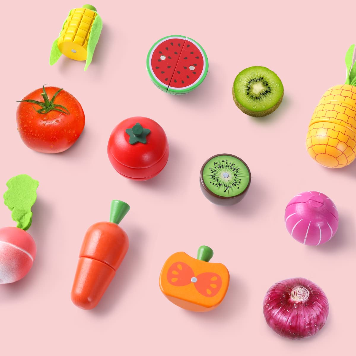iPlay, iLearn Wooden Play Food Toy Set - Magnetic Fruit & Vegetables, Large Red, Montessori Educational Gift for Ages 3-7