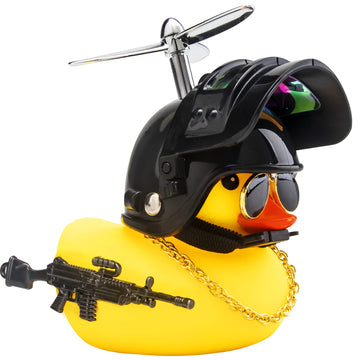 Wonuu Rubber Duck Car Ornaments Cool Yellow Duck Car Dashboard Decorations Squeaky Glasses Duck With Propeller Helmet For Car Ccessories Dashboard (Full_Black-Yellow G)