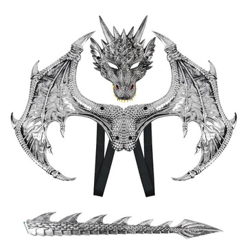 Kids Dinosaur Costume Dress Up Wings Dragon Tail Mask Set Halloween for Children Birthday Party Favors Gifts (Silver)