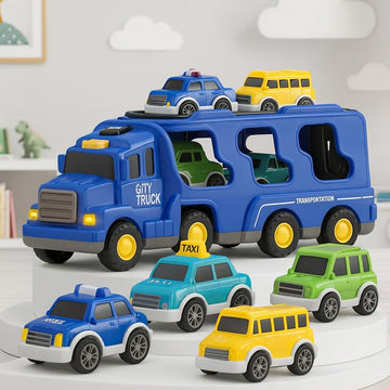 Mini Explorer 5-In-1 Friction-Powered Truck Toy Set With Music For Kids Ages 3+ Years - Montessori Educational Transport Carrier