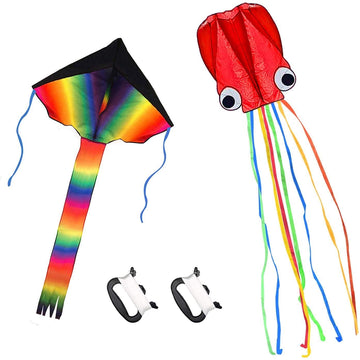 2 Pack Kites - Large Rainbow Kite And Red Mollusc Octopus With Long Colorful Tail For Children Outdoor Game,Activities,Beach Trip Great Gift To Kids Childhood Precious Memories