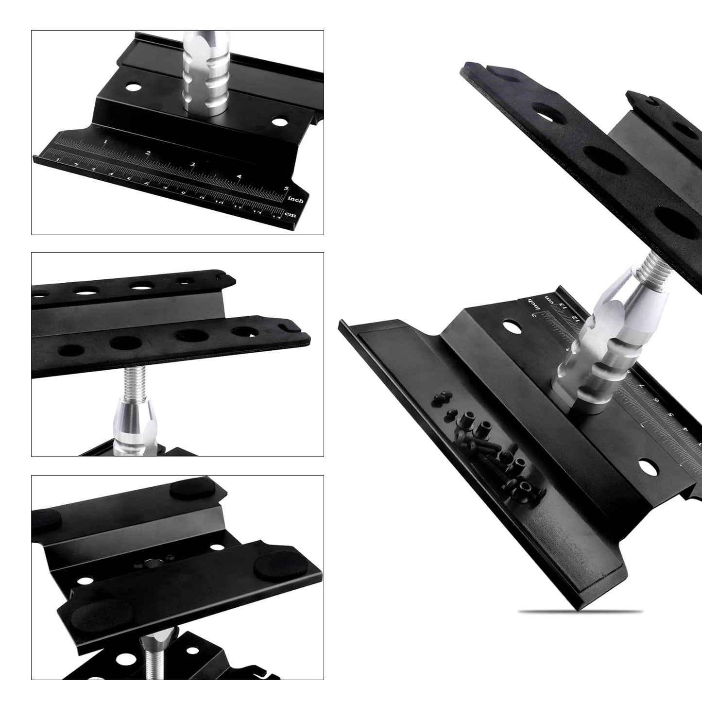 RC Car Work Stand Aluminum Repair Workstation 360 Degree Rotation Lift Lower w/Screw Tray Tools for 1/10 1/12 1/16 Scale Traxxas