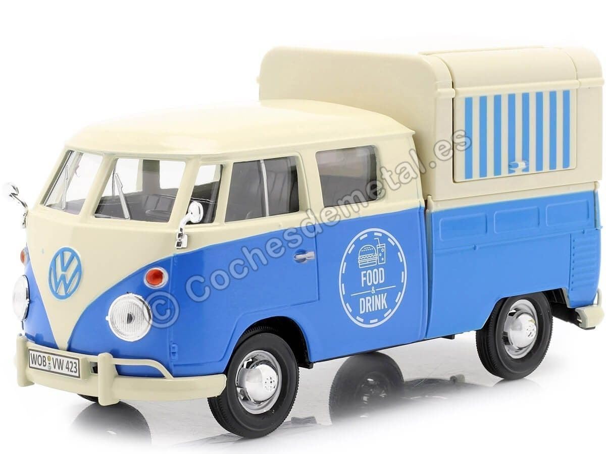 Motormax Volkswagen Type 2 (T1) Pickup Food Truck Cream And Blue 1/24 Diecast Model Car