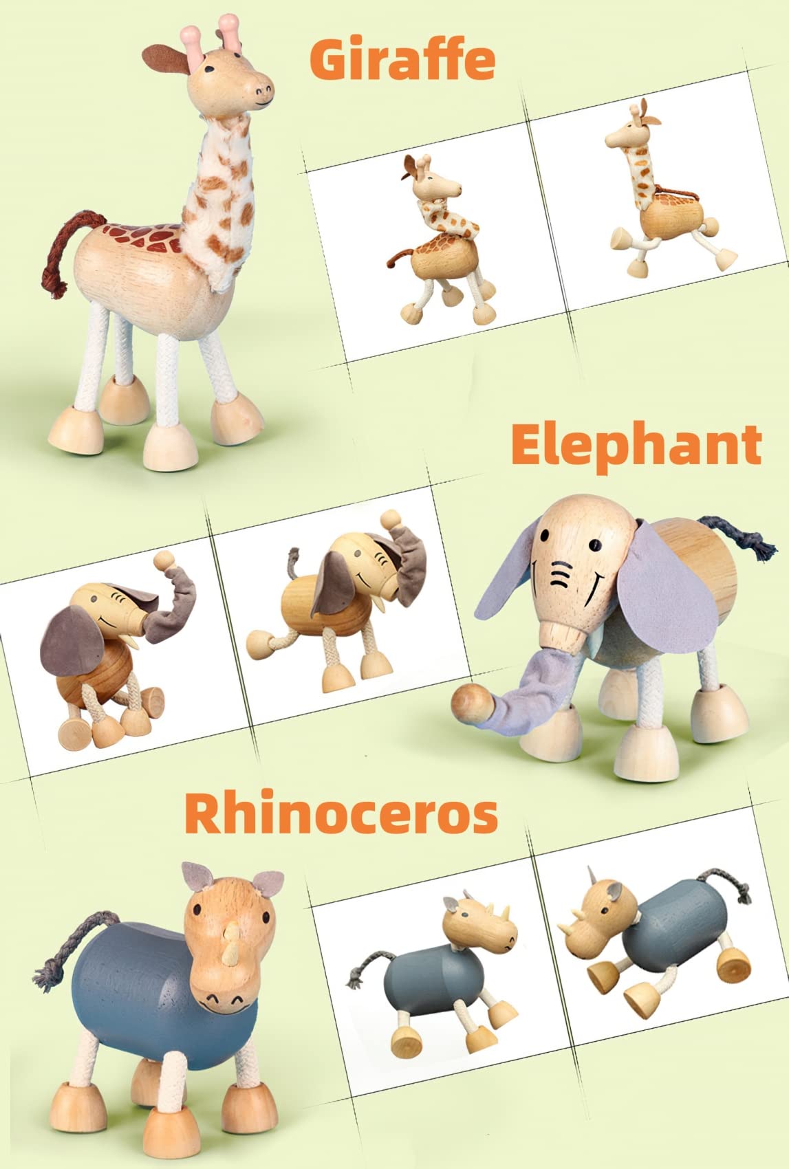 6 Pack Bendable Wooden Animal Figurines Toys, Smooth Natural Wood Zoo Jungle Safari Animals Figures Toys, Preschool Learning & Education Toys For Toddlers Kids