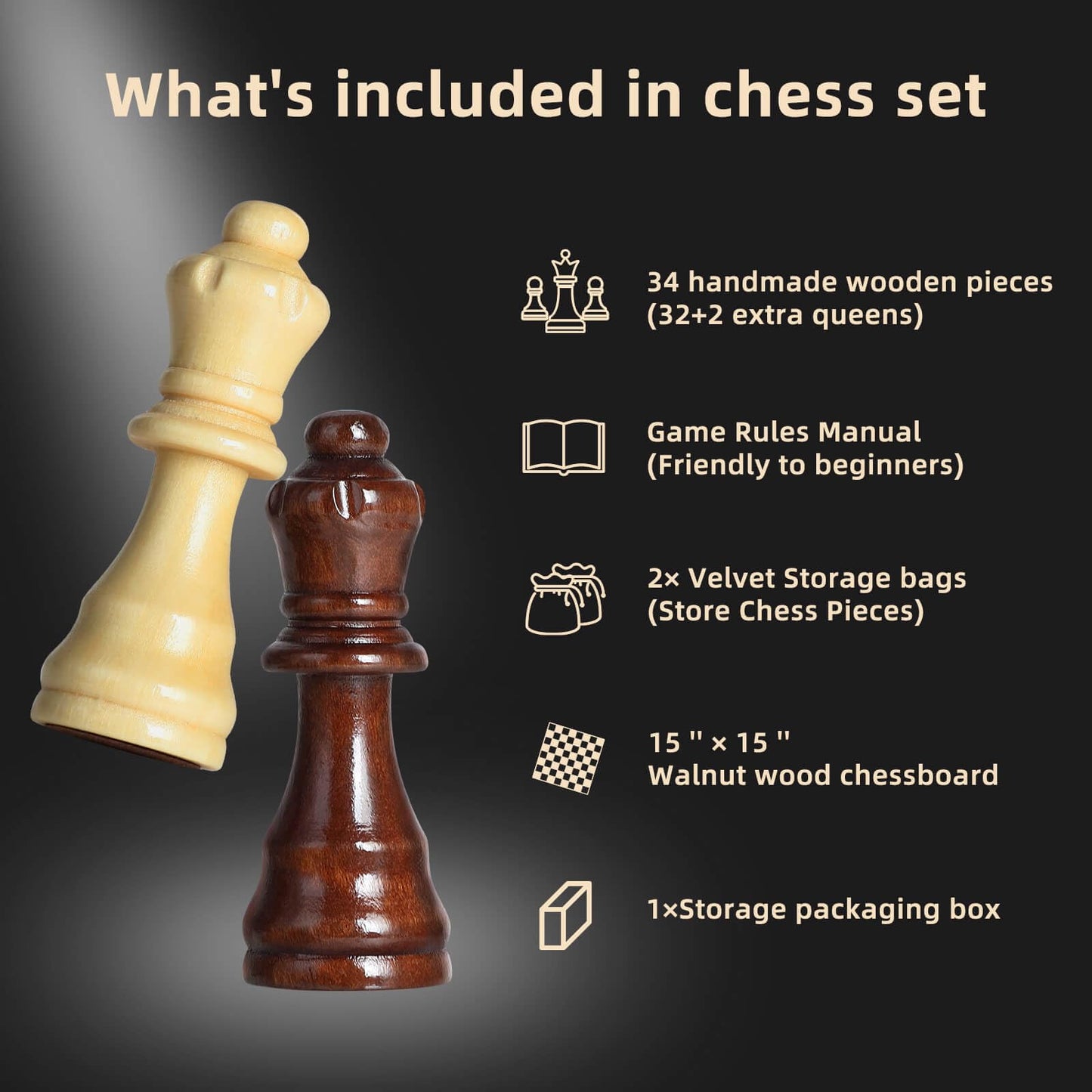 Fanvince Chess Set 15' Wooden Board Game - Wood Sets With 2 Storage Bags And 2 Extra Queens - Gifts Box For Men Dad