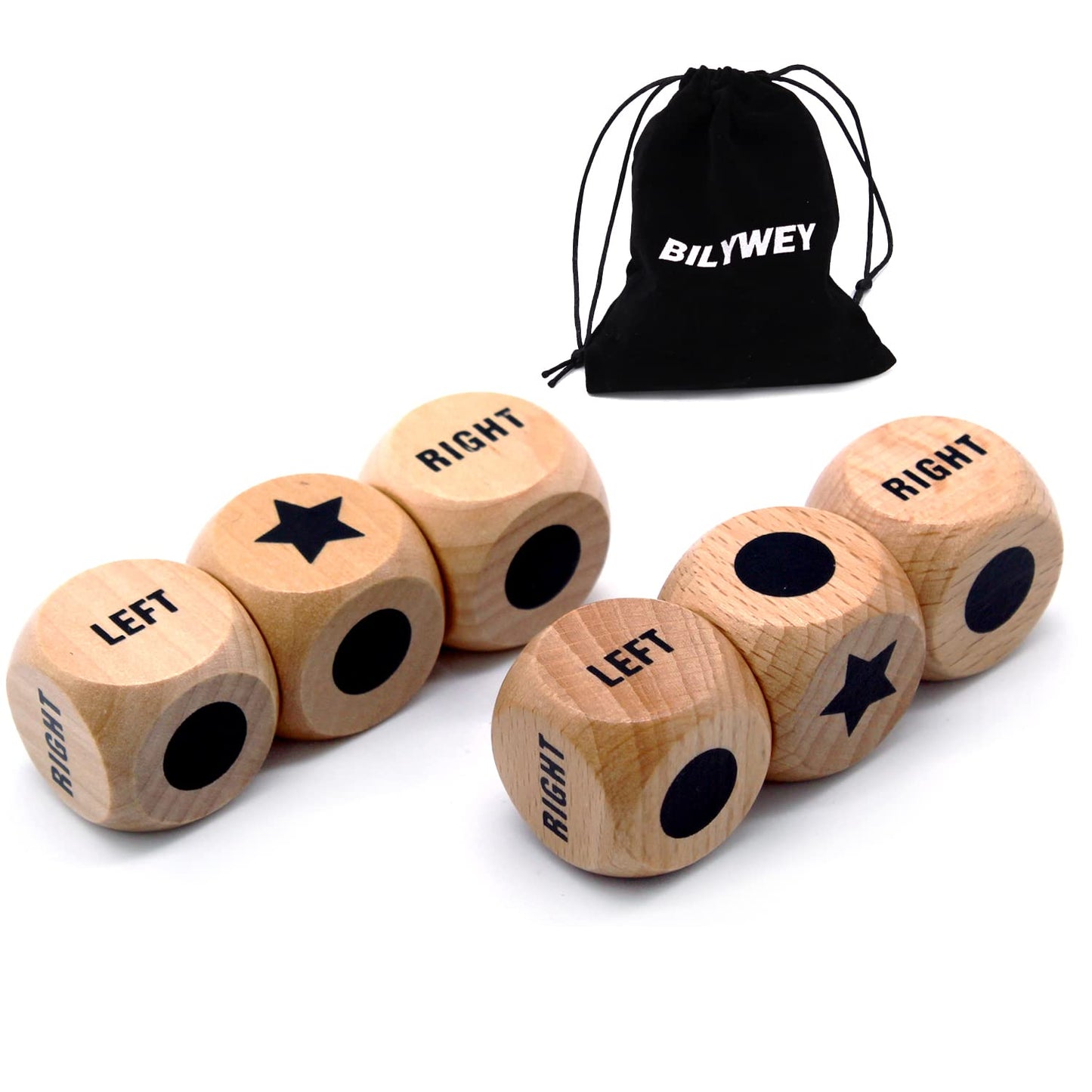 Bilywey 6Pcs Left Right Center Game Dice 1 Inch Beech Wood Dices With Drawstring Bag (6 Pcs)