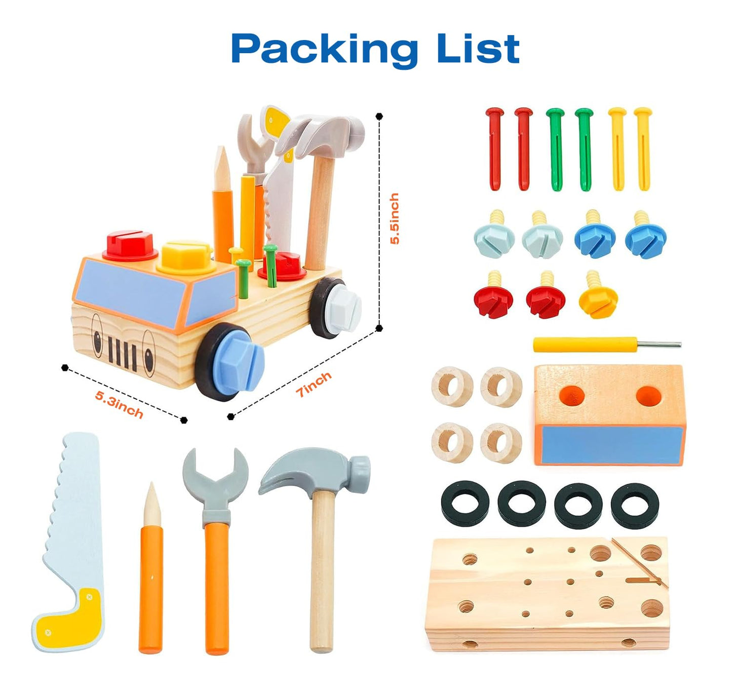 Oujila Wooden Tools Car Set Toy Hammer For Toddlers 2 3 4 5,Stem Montessori Early Educational Construction Toys For Kids, Gift F