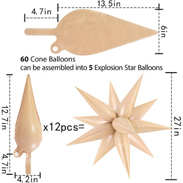 60 Pcs Caramel Color Star Balloons Foil Starburst Balloons Explosion 12 Point Cone Balloons Large For Wedding Anniversary Backdr