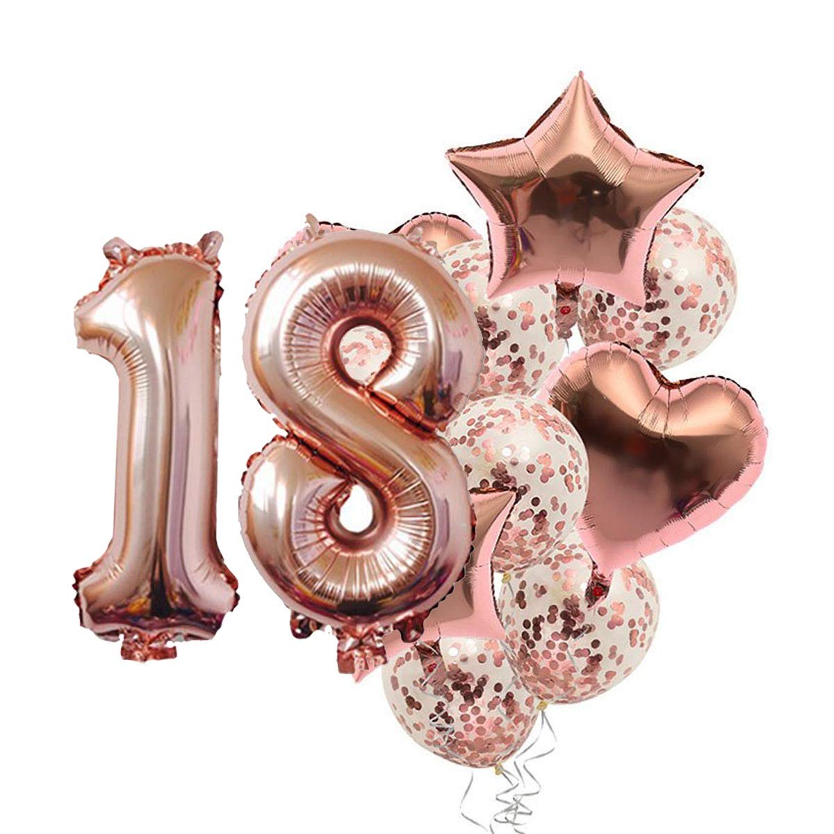 Pop The Party Nylon 18Th Number Balloon With 18 Digit Balloon For Including Star,Heart&Confetti Balloons,Rose Gold, Multicolor, 