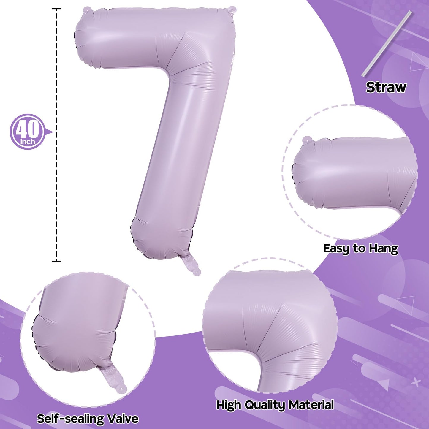 40 Inch Balloon Number 7 Pastel Purple, Large Mylar Foil Light Purple Number Seven Balloons Set For Girls Women, Dusty Lilac Glo