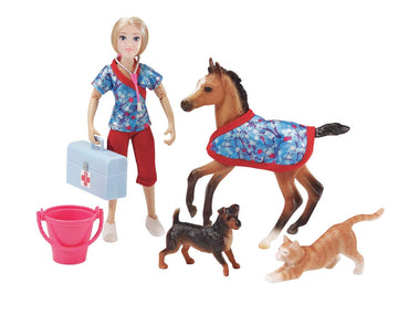 Breyer Freedom Series (Classics) Day at The Vet Doll & Animals Set | 8 Piece Playset with 6 Fully Articulated Rider Doll | 1:12