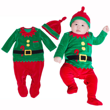 Fancyinn Baby Boy Girl Christmas Elf Outfit My First Xmas Coverall Rompers Christmas Bodysuit & Santa Hat 2Pcs 66