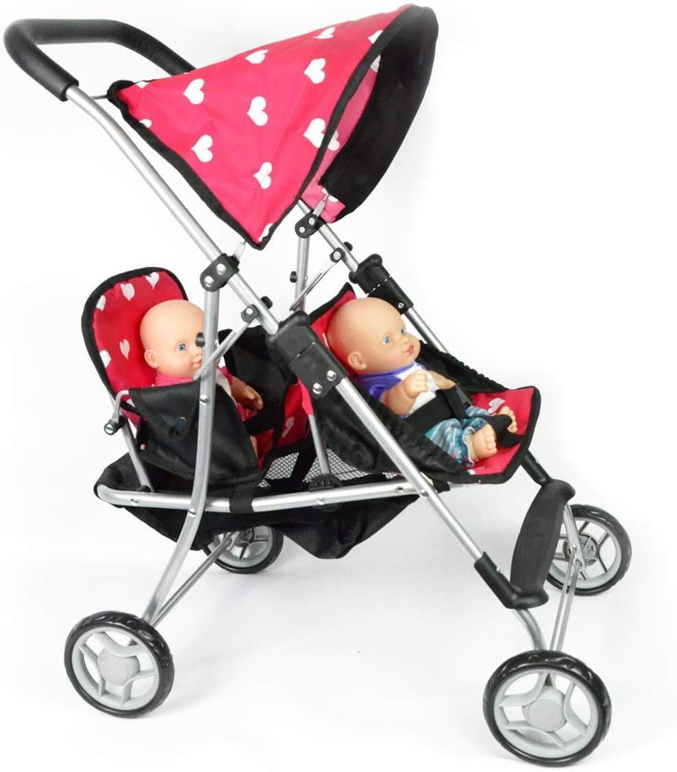 The New York Doll Collection My First Doll Twin Stroller, 18" Red Metal - Cute Heart Design for Girls