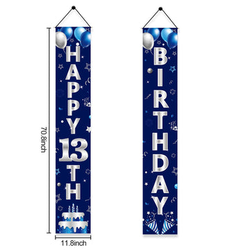 Turypaty Blue Silver 13Th Birthday Door Banner Decorations, Happy 13 Birthday Party Porch Banner For Boys, Sweet 13 Year Old Bir