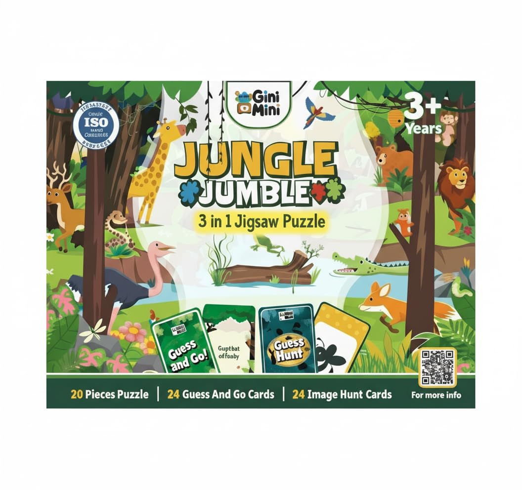 Ginimini Jungle Jumble 3-In-1 Jigsaw Puzzle - 20 Pieces, Image Hunt & Guess & Go Cards - Fine Motor, Cognitive, Vocabulary Skill