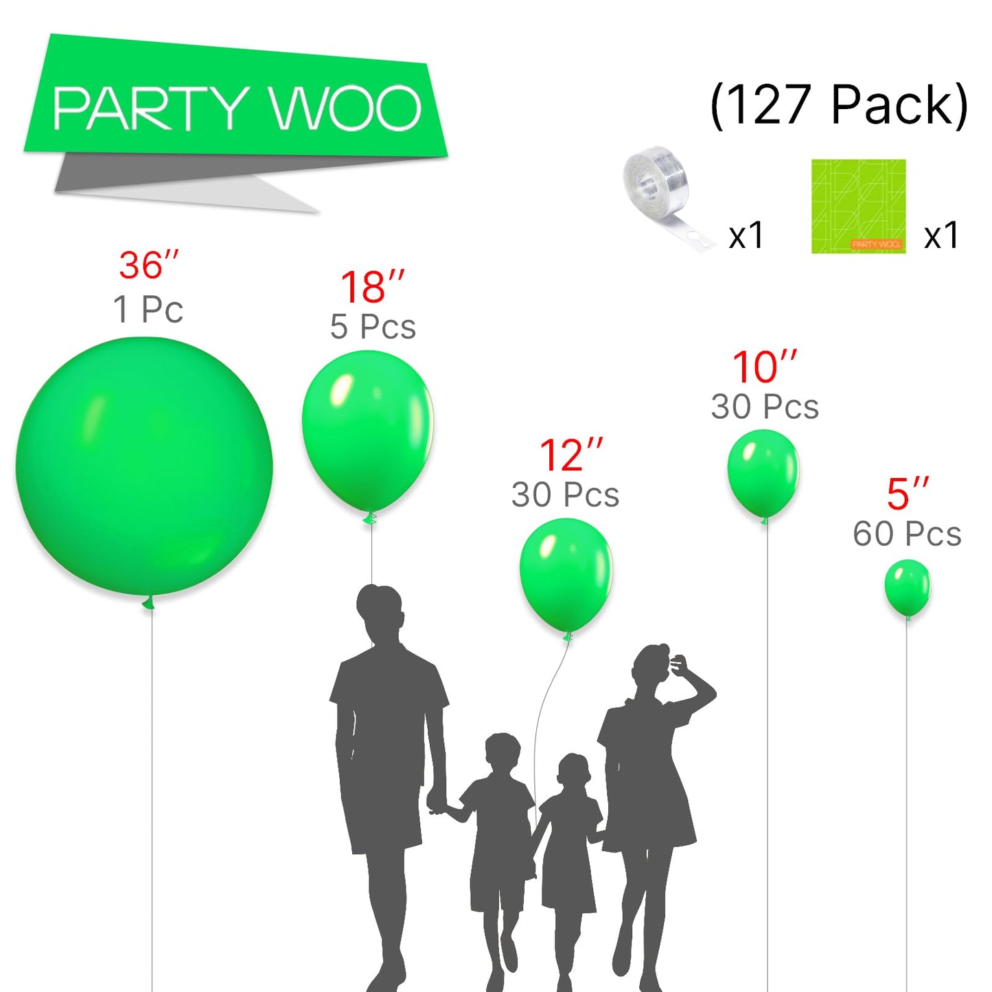 Partywoo Malachite Green Balloons, 127 Pcs Clover Green Balloons Different Sizes Pack Of 36 Inch 18 Inch 12 Inch 10 Inch 5 Inch Green Balloons For Balloon Garland Arch As Party Decorations, Green-Y24