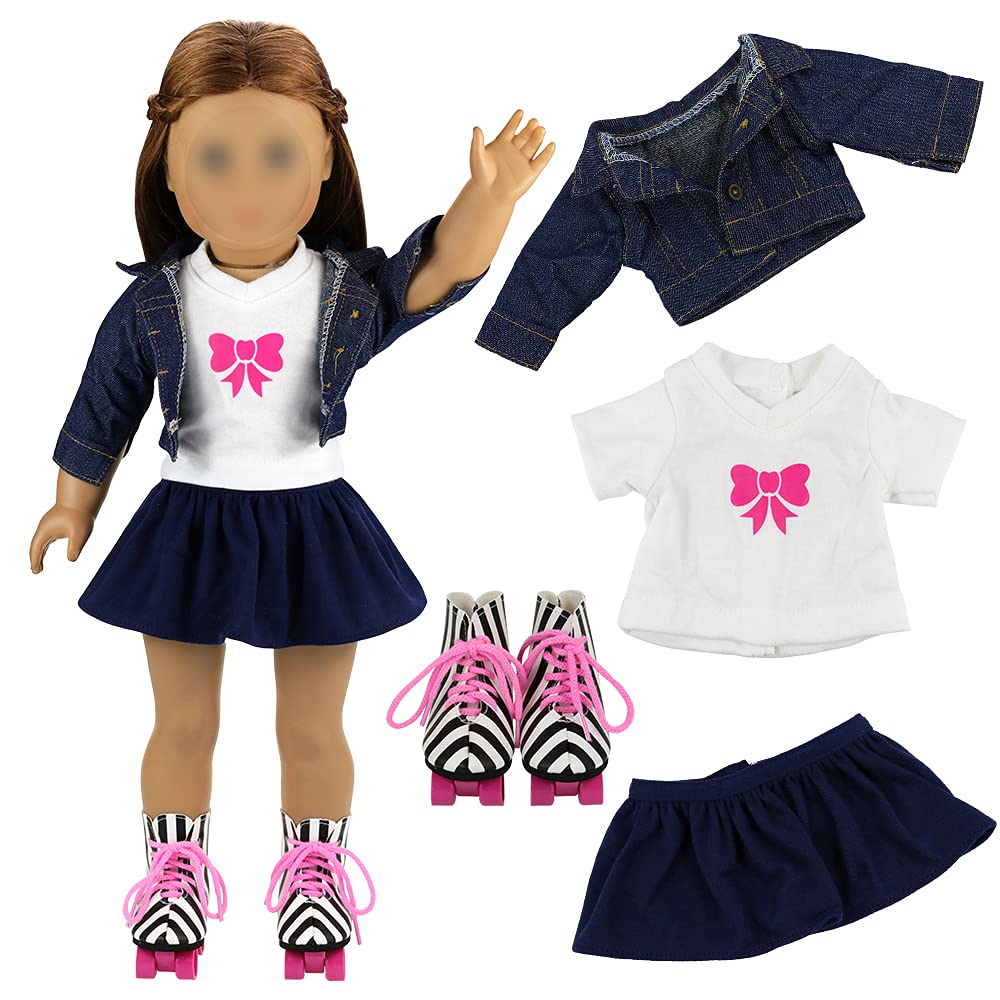 Barwa 2 Sets Doll Clothes And 2 Pairs Ice Skates Boots Shoes Fashion Autumn Clothing Dress Sets Compatible For 18 Inch Doll Xmas Gift