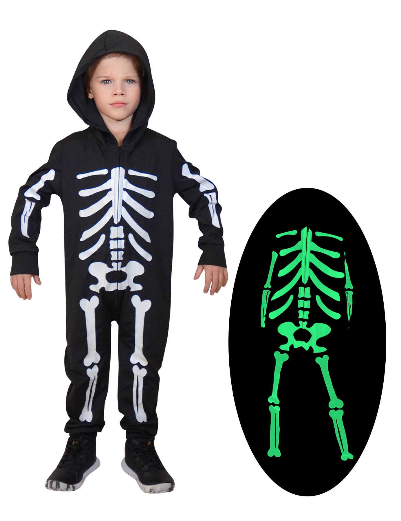 Enlifety Kids Skeleton Costume Boys Girls Glow In The Dark Halloween Jumpsuit With Hood Long Sleeve Funny Cosplay Outfit For Chi