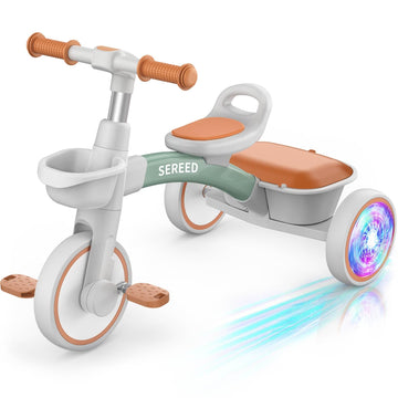SEREED Colorful Green Toddler Tricycle for Ages 2-5, Adjustable Seat & Handlebar, Removable Basket, Perfect Birthday Gift Idea
