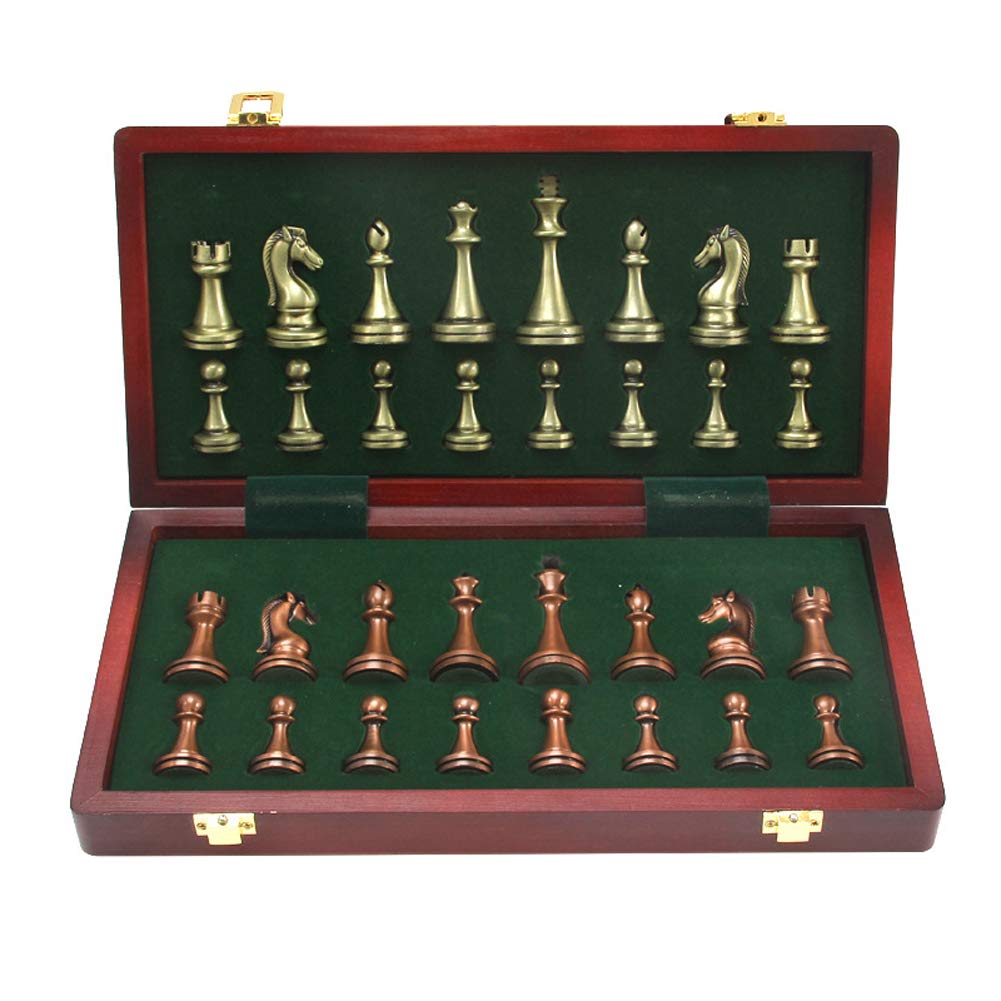 Large Metal Deluxe Chess Retro Copper Plated Alloy Chess mature-themed Set Board Game Portable Wooden Box Storage Folding  2 Players Chess Set