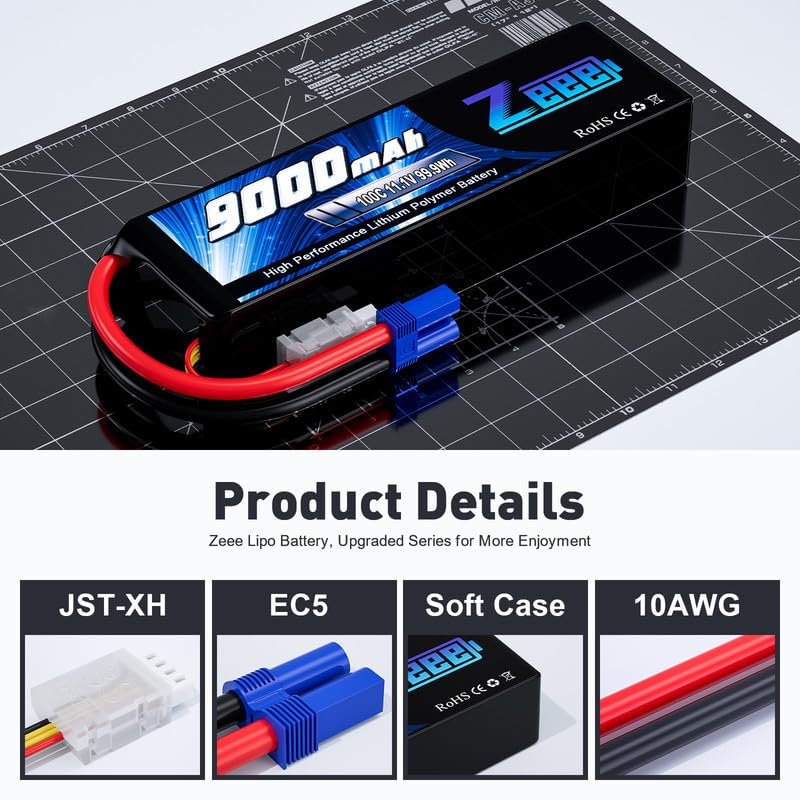 Zeee 3S 9000mAh Lipo Battery 11.1V 100C EC5 Connector Soft Case (2 Pack) for RC Cars, Trucks, and Tanks