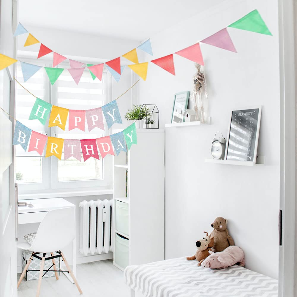 LifePassion Happy Birthday Banner with 24pcs Pennant Banner Flags, Assembled Durable Imitated Burlap Banner, Pastel Rainbow Birt