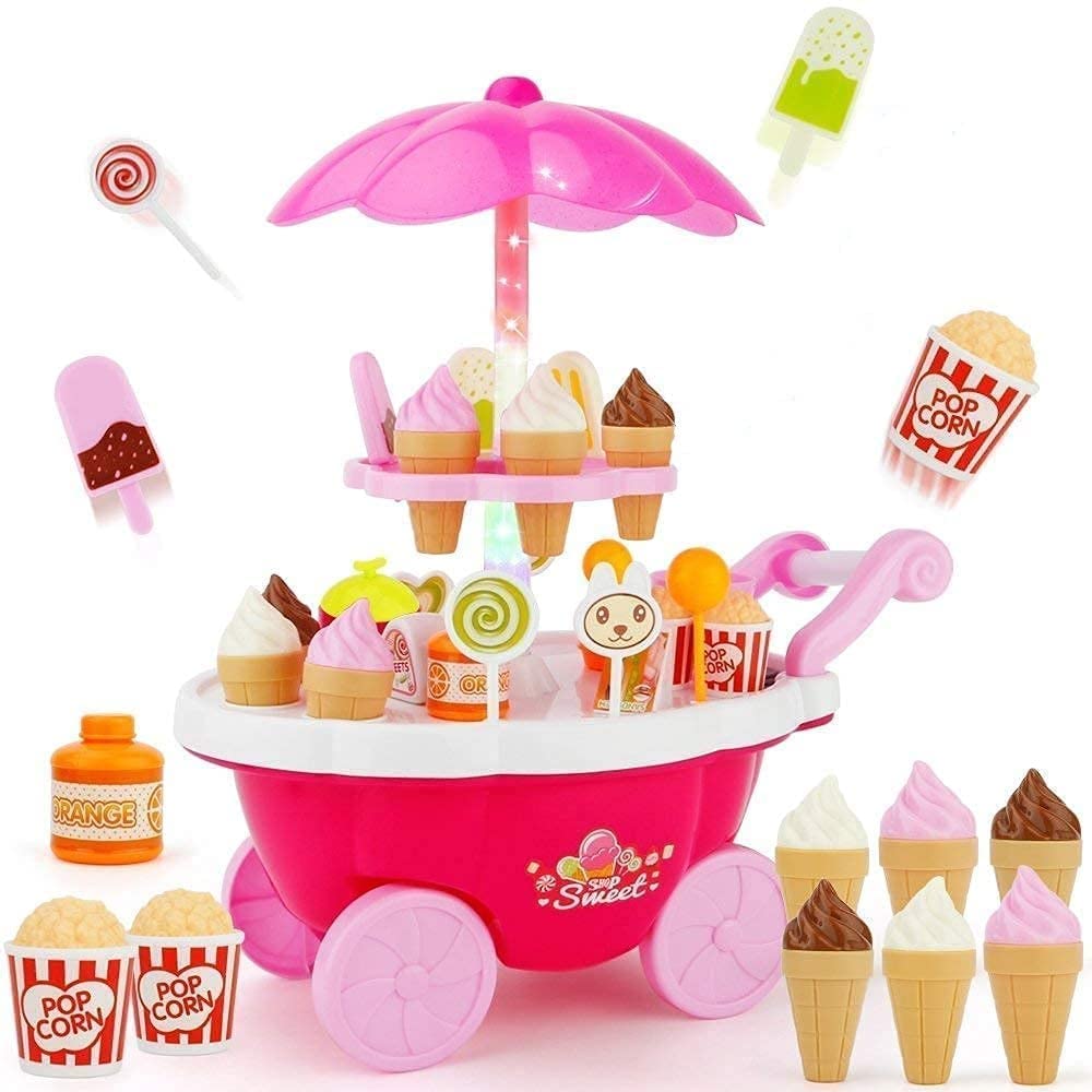 Decoresium Ice Cream Trolley Sweet Shop Cart Toy for Kids | Pretend Play Dessert Cart with Ice Cream Cones, Candy, Popcorn & Acc
