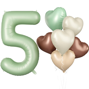 Biapian 40 Inch Sage Green Number 5 Balloons, 7Pcs Gaint Number 5 Balloon With 18'' Retro Foil Heart Balloons Helium For Neutral