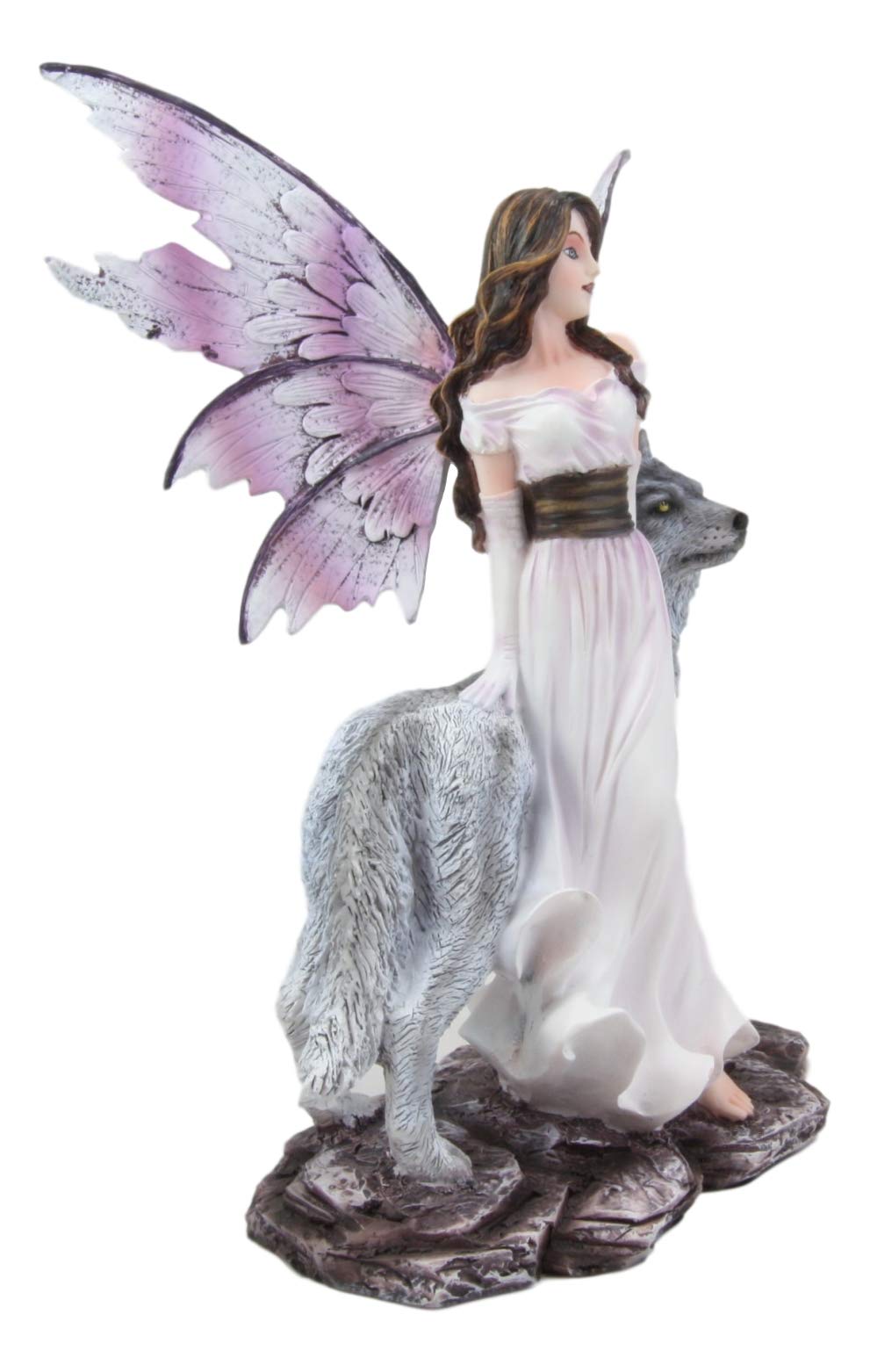 Ebros Purple Winged Fairy Diana With Alpha Snow Direwolf Wolf Statue 10' Tall Fantasy Garden Nymph Fae Pixie Wolves Fairies Figurine Fantasy Decor