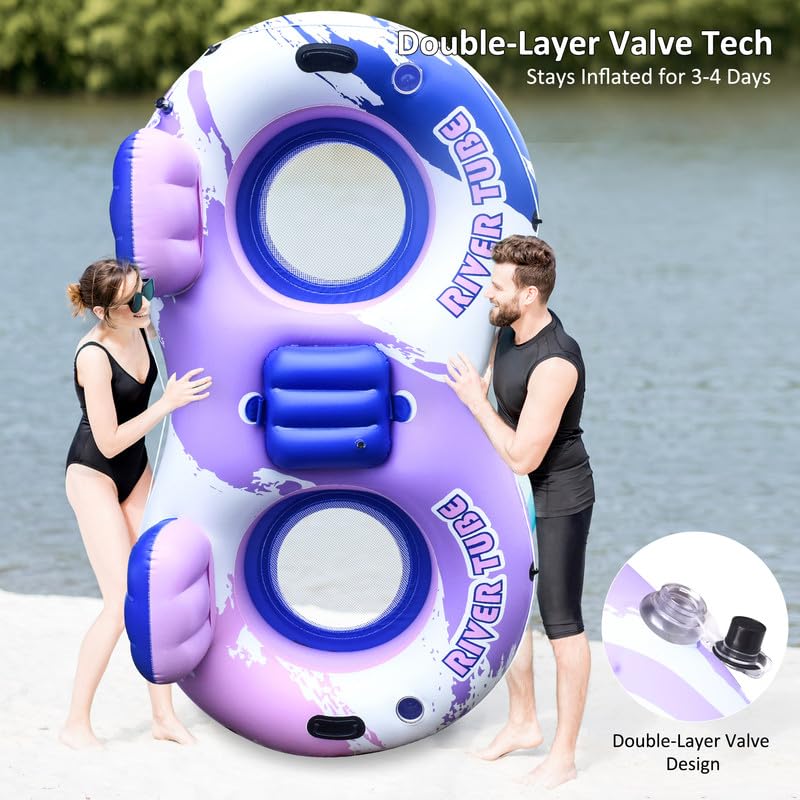Heavy Duty Double River Tube  2-Person Inflatable Floating Tube with Backrest  2 Cup Holders  Handles  Oversized Inflatable Pool Float for familiy  Lake Floats for mature-themeds Blue