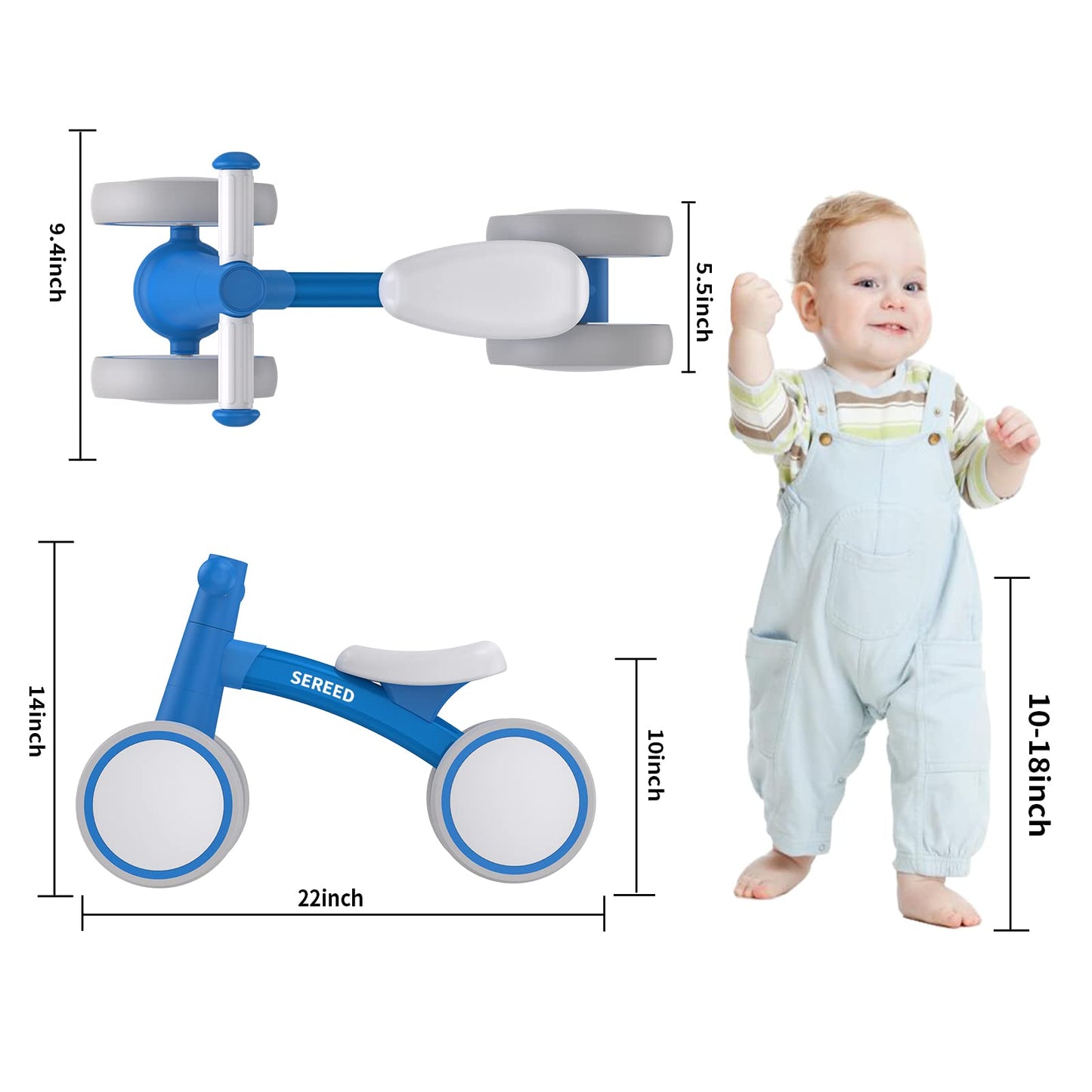 SEREED Baby Balance Bike for 1 Year Old, 4 Wheels, Aluminum, Small, Blue New, Model UD30