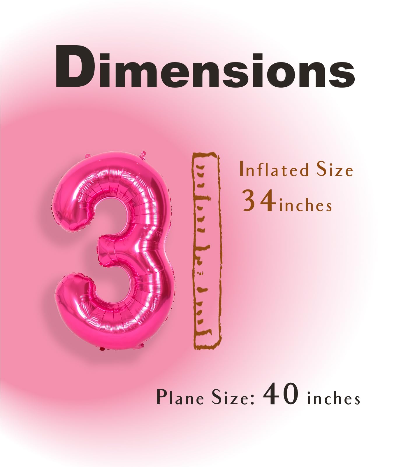 Suwen 40 Inch Hot Pink Large 3 Number Balloons Big Foil Helium Number Balloons 0-9 Jumbo Happy 3Rd Mylar Birthday Party Decorati